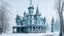 Placeholder: An evil looking chateau in a light blue winter designed in German folk art