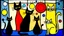 Placeholder: a playful abstract stained glass window in the style of Joan Miró, featuring six minimalist cats made of bold black lines and simplified organic shapes. The composition includes floating eyes, moons, dots, and stars in primary colors — red, yellow, blue — mixed with bright green and black. Each cat is reduced to essential forms: circles, curves, sharp ears, long tails, integrated into a colorful, free-flowing pattern. The stained glass has a modern, light-hearted energy, filled with whimsical sy