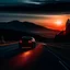 Placeholder: dark night, car taillights, driving towards a rising sun in the distance, mountains and forests next to the road, photo quality