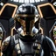 Placeholder: star wars bald male corellian pilot wearing dark gunmetal grey and black First Order special forces TIE pilot armored flightsuit and helmet with gold trim inside the jedi temple, centered head and shoulders portrait, hyperdetailed, dynamic lighting, hyperdetailed background, 8k resolution, volumetric lighting, light skin, fully symmetric details