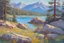 Placeholder: Sunny day, pine trees, mountains, prairie, flowers, lake, rocks, spring, konstantin westchiloff impressionism painting