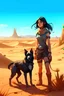 Placeholder: A black haired bronzed girl in the desert with her dog. The dunes are sandy. Draw it all in the style of Horizon Zero Dawn