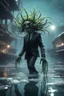 Placeholder: xcom's terror from the deep giger style alien with suit and tie and sea weed crown crawling while hovering over the icy docks in fallout 4 setting, bokeh, downlight, prize winning, depth of field, in the style of ivo caprino