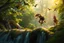 Placeholder: volumetric light, oil painting ,evening and motion blur running caped long haired pixie Quickling - Forgotten Realms dodging flying bats above water fall and along winding branches in lush green forest along speeding horses , bokeh like f/0.8, tilt-shift lens 8k, high detail, smooth render, down-light, unreal engine, prize winning