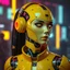 Placeholder: a cyberpunk female android robot, yellow, dystopia, cyberpunk, neon