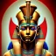 Placeholder: 3D close-up of a Egyptian king Ramses, high contrast, glowing backlighting, blue and red backlighting, vibrant hair, dark brown eyes, sharp focus, face painting, background blur.