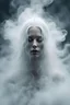 Placeholder: female face barely visible from very dense white smoke and fog, translucent form, ghost-like face, lots of white hair, lots of fog in the background, surreal style, cinematic, mystic