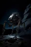 Placeholder: eight legged mechanical walker scaling a very steep rocky side of mout everest at night, it has a smooth surface, it has storage pods on its belly human can fit in the pods