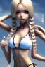 Placeholder: slim girl in bikini with blonde hair and two pigtails, manga style, cool pose, greyscale