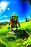 Placeholder: fisheye lens, portrait photo of troll standing in a grassy landscape, grassy hills, sunny day, bright, vibrant colors
