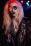 Placeholder: head and shoulders image, Hedwig and the angry inch - Ray-Ban sunglasses - Motley Crue - gothic pale-skinned vampire, fire and multicolored electrified cosmic clouds, Professional quality Photograph by Hoy Tung lu- Multicolored lightning -a smiling, long, blonde hair, blue eyes, goth makeup, black leather biker's jacket, black leather pants, combat boots, black fingerless gloves, sitting on in the forest next to a fire,