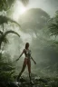 Placeholder: futuristic woman standing next to a large spaceship, in a jungle clearing