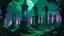 Placeholder: Ben Bocquelet's green and magenta gothic art, a lush and overgrown graveyard with tombstones covered in ivy, a full moon shining brightly in the sky casting an eerie glow over the scene