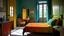 Placeholder: Dormitorio concebido según Habitación en Arlés, con perspectiva ligeramente inclinada, muebles sencillos de madera pintada, colores intensos, ventanas abiertas y una atmósfera íntima y humilde.