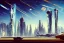 Placeholder: A Spaceship is taking off,Space Center on a heavy industrialized planet with a futuristic city in the background, (retrofuturistic:2), art by John Berkey, buildings with glass facades, brutalist architecture, insanely detailed, vibrant, 8k uhd, cinematic atmosphere, ultra-wide angle, street level view, brush strokes, blue sky with clouds, sharp focus