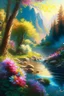 Placeholder: full light,highlight, trees, river, day, sun day, an idyliic forest with bright colorful flowers, mountains, sun,flower, a small river, paradise, on a canvas. realistic art, brush, pencil