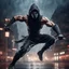 Placeholder: Hyper Realistic muscular-masked-ninja-warrior jumping & training with his swords in a dark-heavy-rainy-night