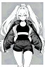 Placeholder: blonde girl with ponytails dressed in a jacket and shorts makes its way in the dark, greyscale