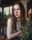 Placeholder: impressionism, girl in a 16th century dress, warm candlelight