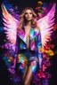 Placeholder: Gorgeous Photography Super Model European Beautiful Woman as Angel with clothing abstracts flowers luxury casual jacket dressing painting art neons rainbow colors glowing in the dark and colorful details, light leaks boleh colors,flowers background