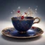 Placeholder: A midnight blue teacup with a gold rim and small red florets on a plate. Illustrative art, art interpretation, concept art, cgsociety contest winner, seasonal art, seasonal art HD, 4k, 8k, intricate, detailed, intricately detailed, luminous, translucent fantasy crystal, holographic data, soft body, shadow play, light, fog, atmospheric, cinematic, light film, hyper-detailed, hyper-realistic, masterpiece, atmospheric, high resolution, 8k, HDR, 500px, mysterious and artistic digital art, phototic,