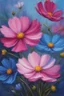 Placeholder: Cosmos flowers in blue and pink to be used on a business card, realistic beautiful, thick oil paint