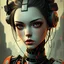 Placeholder: a cyborg girl, retro futuristic, aged, damaged, stylised, digital art