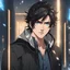 Placeholder: (masterpiece), (anime style), award winning, close up, centered, headshot, looking toward camera, messy black hair, young man, blue eyes, modern intricate background, dynamic lighting, depth of field, ultra detailed, (epic composition, epic proportion), 2D illustration, professional work, black clothes