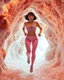 Placeholder: make a picture pretty crystal cave covered with jwellary and 3d recursive cubic and sphere base pearls and a beautiful fashion model lady with cute,bob hair,makeup, in pretty jewelled sports suit is running inside cave ,dynamic camera fallow her inside cave capturing full body, dynamic lights.