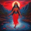 Placeholder: An oil painting of goddess Kali crossing a lake neon red colors