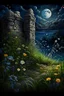 Placeholder: A close-up image of a rough stone wall with overgrown grasses, weeds, and vibrant flowers, featuring whimsical and surreal art, dark fantasy themes, dramatic lighting effects, intricate details, dreamy landscapes, gothic aesthetics, an ethereal atmosphere, and magical scenes with a moonlit sky with stars and constellations, a faint glow emanating from the cracks in the wall, and fireflies dancing around the glowing cracks. A close-up image of a rough stone wall with overgrown grasses, weeds, and