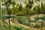 Placeholder: An olive green forest with tribal huts painted by Maurice Utrillo