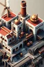 Placeholder: Isometric view, steampunk factory with multiple buildings that have white and red brick walls. Copper pipes, copper boilers, conveyor belts on the exterior. Connected to steampunk train station. With windmill and waterwheels.