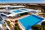 Placeholder: Sunset algarve in quinta do lago, one straight line building of 250 meters long modern luxury architecture with pool on rooftop, with green roofs and cascading terraces, on a slope with pinus pinea, a wrap around low speed veicular road