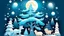 Placeholder: fantasy cartoon illustration: The Arctic animals beneath a full moon are decorating a Christmas tree