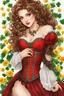 Placeholder: Photography beautiful woman with curly brown hair wearing a mesmerizing red corset dress adorned with intricate floral designs. Her lovely bright blue eyes should exude innocence and allure, and the photograph should feature a full body view. Surround her with clover leaves and yellow flowers, and make sure to use vibrant, colorful hues to bring this delightful scene to life