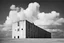 Placeholder: landscape ,minimal ,Photo with an old analog camera. Black and white. Part of a strange dream. white clouds wide plain The big building between them. like pink floyd pigs landscape ,Abandoned factory ,from a weird dream captured with the first model of dreamrecorder by gnom industries inc