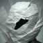 Placeholder: rendered in blender trash bag on his head and crumpled paper as a texture, collage paper and tape, slit - scan photography, high resolution, cinematic, unreal 6, breathtaking detailed