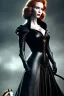 Placeholder: christina hendricks as evil queen in black leather gown on a horse, angry, stern look, volumetric lighting, particales,highly detailed,cinematic, deep colours,8