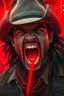 Placeholder: A cowboy screaming portrait with a red light reflecting in their cybernetenhancements.red background all are red cloudy stormy with thunder in the background with be eye black latched