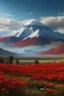 Placeholder: genera un paisaje hiperrealista de una llanura argentina con flores de amapola y arboles rojos. en el centro de la llanura hayun solo pico montañoso con su cumbre nevada en el centro y aves volando a su alrededor