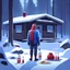 Placeholder: a sad depressed Finnish man without food on his plate, outside his house in the forest, Winter, snow, very cold, Finnish flag at half way up, Finnish flag, a bottle of Vodka in his hand, knifes and sauna, Simon Stålenhag style, empty vodka bottles on ground