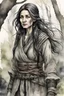 Placeholder: ink wash and watercolor illustration of an ancient grizzled, gnarled female vagabond wanderer, long, black hair streaked with grey, highly detailed facial features, sharp cheekbones. Her eyes are black. She wears weathered roughspun Celtic clothes, emaciated and tall, with pale skin, full body , thigh high leather boots within a forest of massive ancient oak trees in the comic book style of Bill Sienkiewicz and Jean Giraud Moebius , realistic dramatic natural lighting, rich, vibrant earth tones