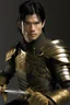 Placeholder: A handsome 30 year old man, black hair, male bob haircut, in black-and-gold plate armor, golden katana in both hands, no beard, european