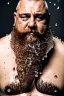 Placeholder: close up photography, dirty burly russian ugly strong chubby 56 years old man, bullneck, milk falling from above, splashing and dripping milk in the face, milk dripping on the beard, with dirty tank top, tattoo, serious eyes, manly chest, 35mm lens, natural light