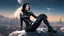 Placeholder: A white woman with black hair, in an android-looking catsuit, sitting on a rock, sideways, with Saturn planet behind her, filling most of the sky, a futuristic city on the horizon, evening sunlight