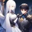 Placeholder: Girl with white hair wearing white robes. Boy with black hair wearing leather armor