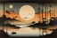 Placeholder: Japanese misty sunset fishing junk, dramatic multi-tiered landscape on a sliding multi-panel bamboo canvas, abstract surrealism, by Graham Sutherland and Colin McCahon, silkscreened mind-bending illustration; asymmetric, warm colors, dark side, by Andy Kehoe, color splash