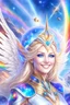 Placeholder: cosmic woman angels smile,admiral high commander from the future, one fine whole face, crystalline skin, expressive blue eyes,rainbow, smiling lips, very nice smile, costume rainbow pleiadian, Beautiful tall woman pleiadian Galactic commander, ship, perfect datailed golden galactic suit, high rank, long blond hair, hand whit five perfect detailed finger, amazing big blue eyes, smilling mouth, high drfinition lips, cosmic happiness, bright colors rainbow, blue, pink, gold, jewels, realist,8k