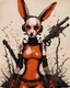 Placeholder: Tank girl, rabbit mask, orange and black short hair, latex suit, highly detailed, fullbody, splashes blood, behind guts rising from the ground, papercut illustration by <John Kenn Mortensen>, darkred tones,